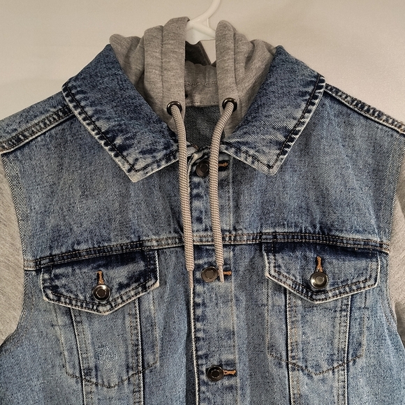 George Men's Small Blue W/Gray Sweatshirt Sleeves Jean Jacket - Picture 9 of 11